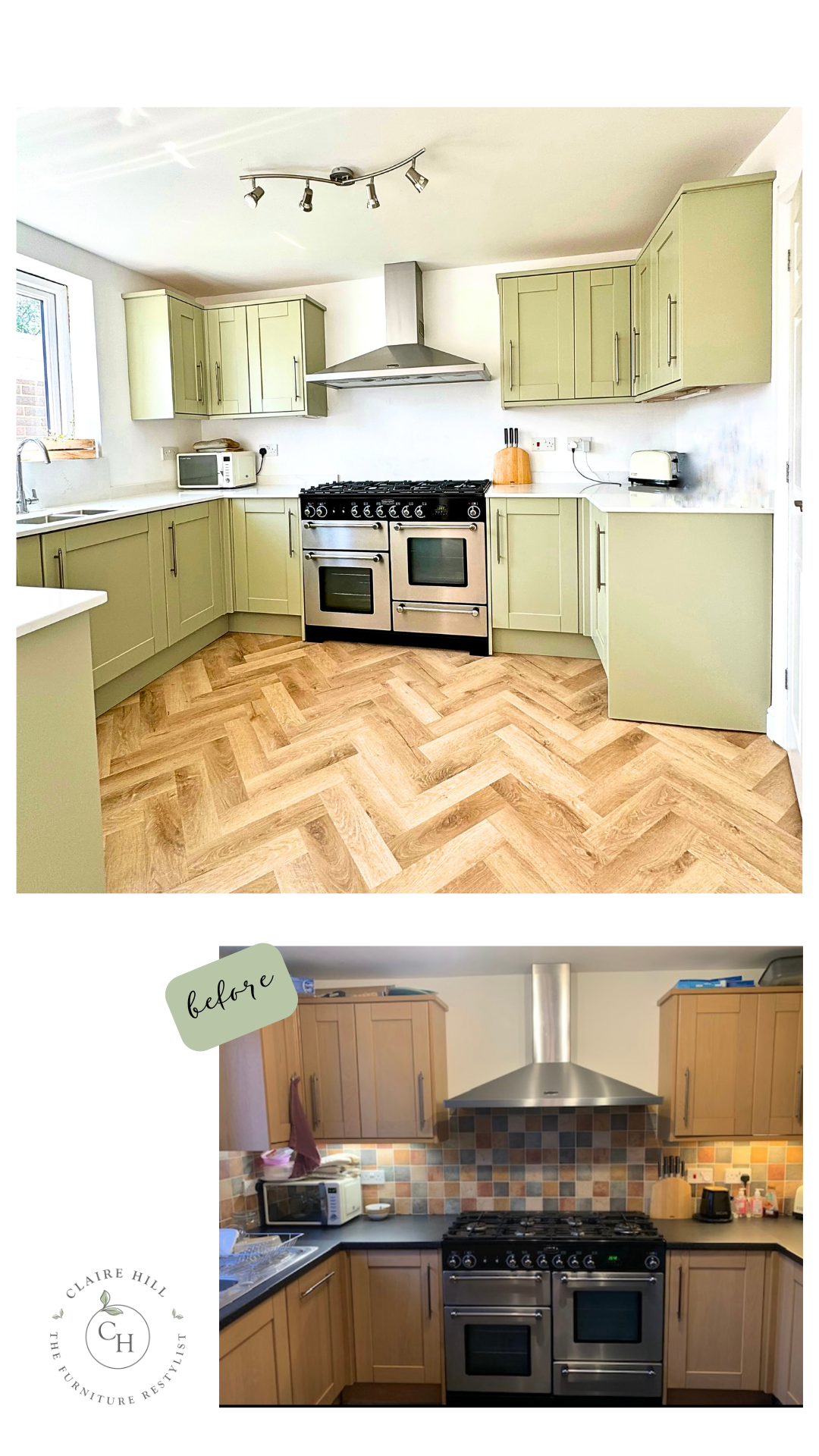 before and after of a kitchen refurb painted in farrow and ball french grey