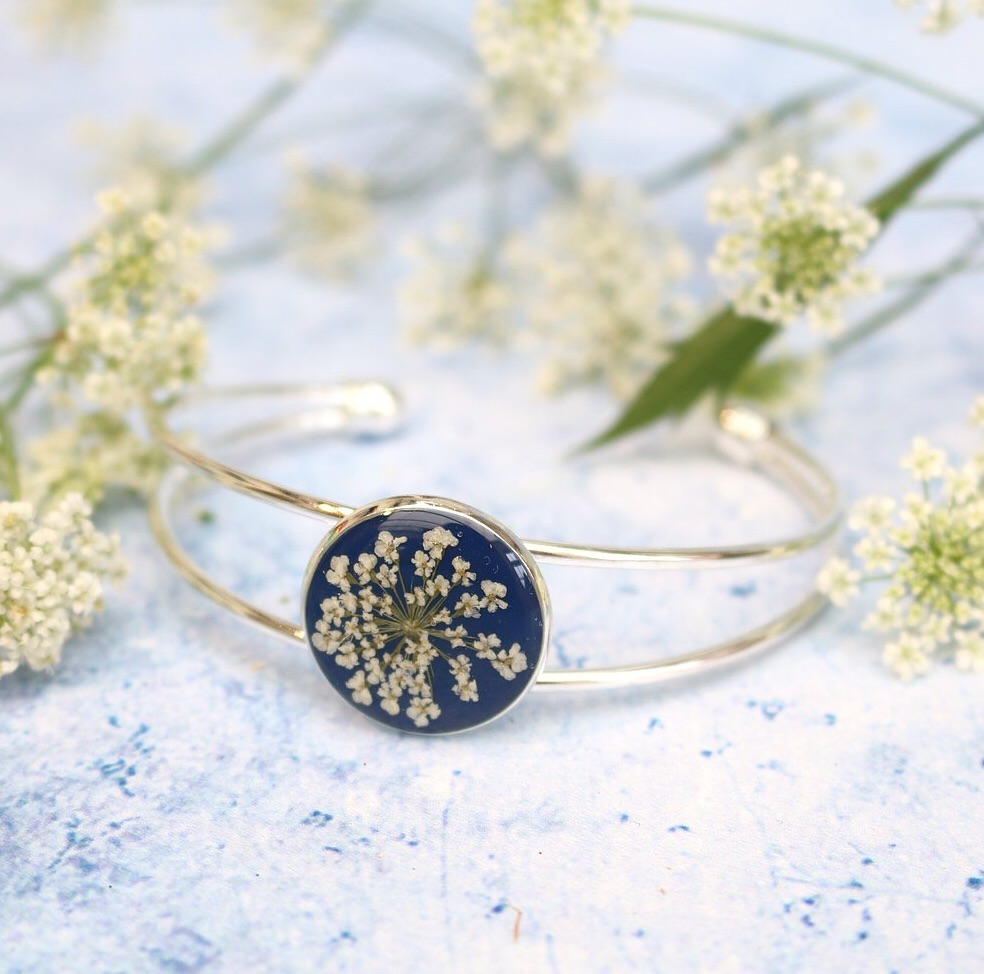 Handmade Silver And Resin Bangle In Navy