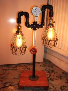 Industrial Retro Cage Steel Pipe Desk Table Lamp Light Clock