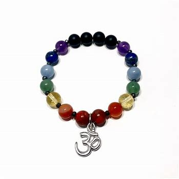 CJ/BL/2 - Natural Stone 7 Chakra round bead Bracelet with “Om” Charm