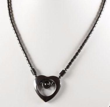 CRY/NL/ 1- Large Heart Shaped Hematite Pendant with Hematite Roundel Necklace.