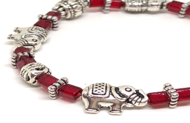 STD/BL/8 - Red Crystal Beaded Bracelet with Silver “Elephant” charms.