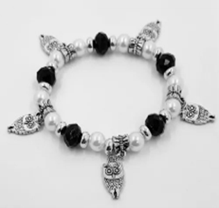 STD/BL/9 - Black Crystal Beaded Bracelet with Silver “Owl” charms