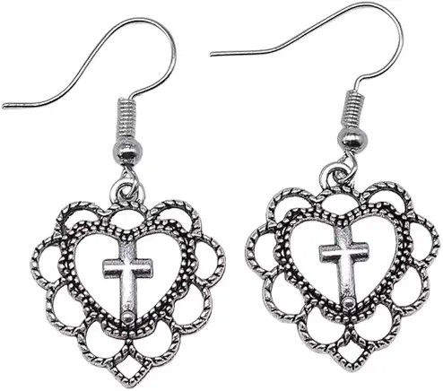 STD/ER/1 -  Antique Tibetan Silver Filigree “Hollow Heart with Cross” Earrings