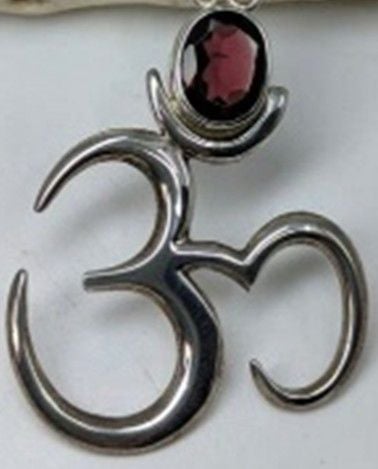 STD/SET/6 -925 Sterling Silver “Om” Necklace & small Ruby stone & MATCHING Drop Earrings (no stone)