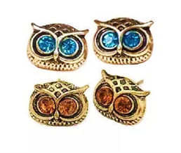 CRY/ER11– Vintage Retro Bronze Owl Head with Coloured Crystal Eyes Stud Ear