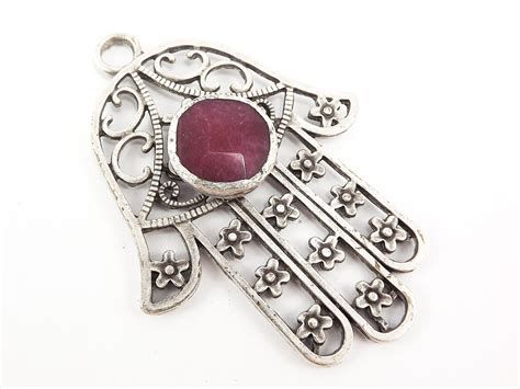 CRY/NL10 - Sterling Silver  Hand of Fatima with red Carnelian stone insert Necklace