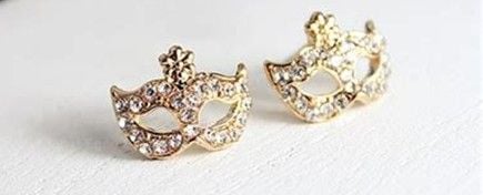 STD/G/ER/6 – Small Gold “Venetian style” CZ covered Mask Stud Earrings