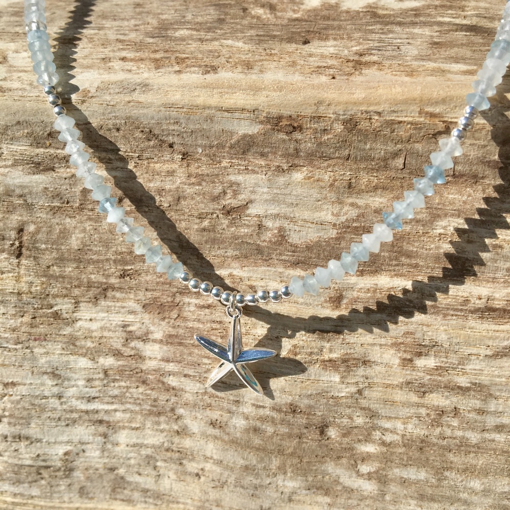 Aquamarine & Sterling Silver Starfish Necklace 2