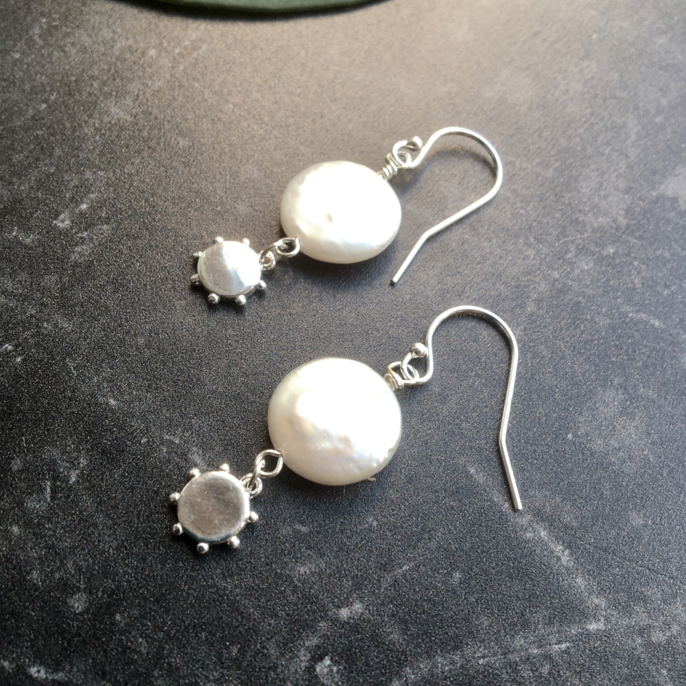 Coin Pearl and Beaded Silver Disc Sterling Silver Earrings