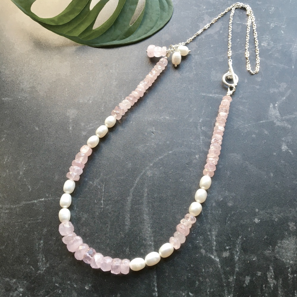 Morganite, Freshwater Pearl & Sterling Silver Necklace