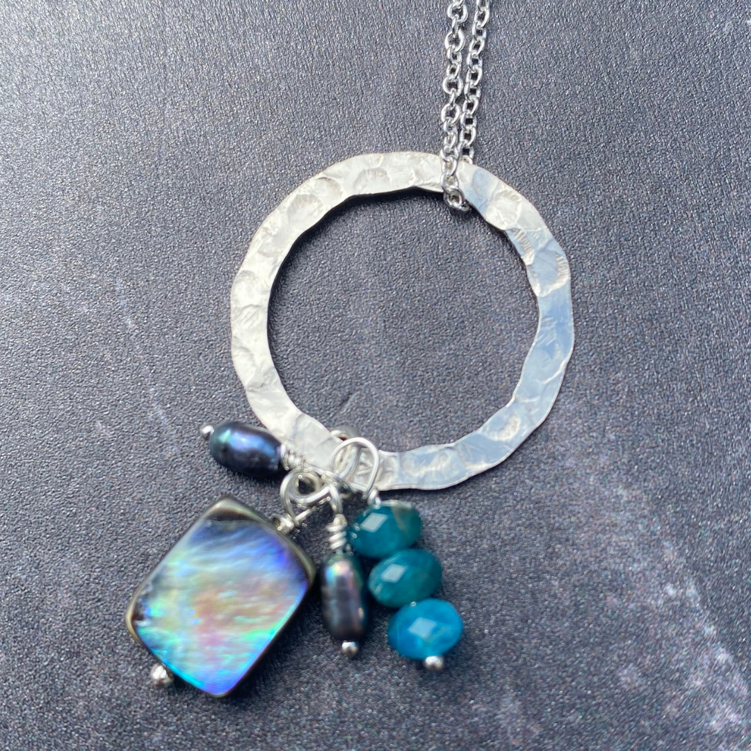 Rockpool - Abalone, Pearl & Apatite Textured Hoop Necklace 