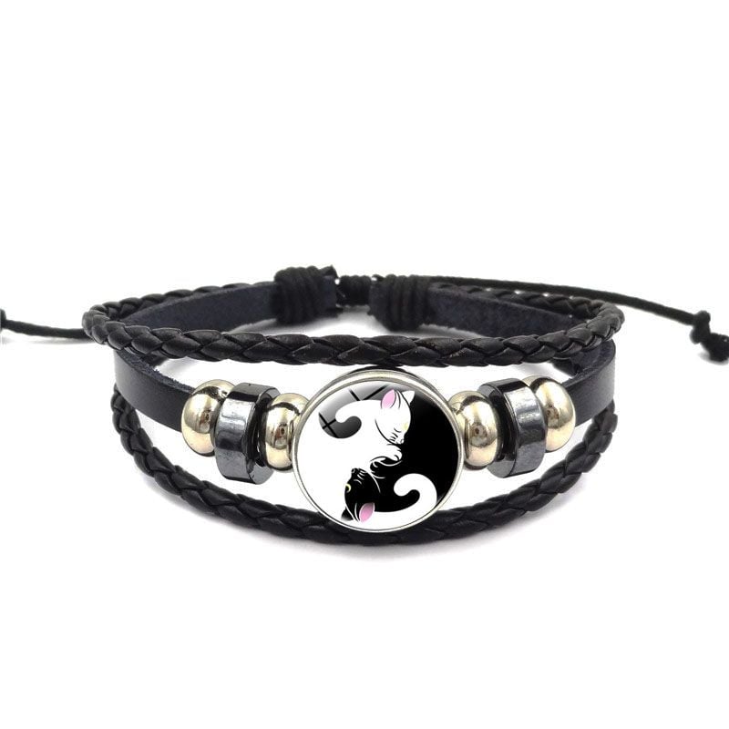 Adjustable Leather Yin Yang Cats Wristband