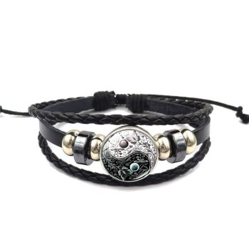 Adjustable Leather Gothic Floral Yin Yang Wristband