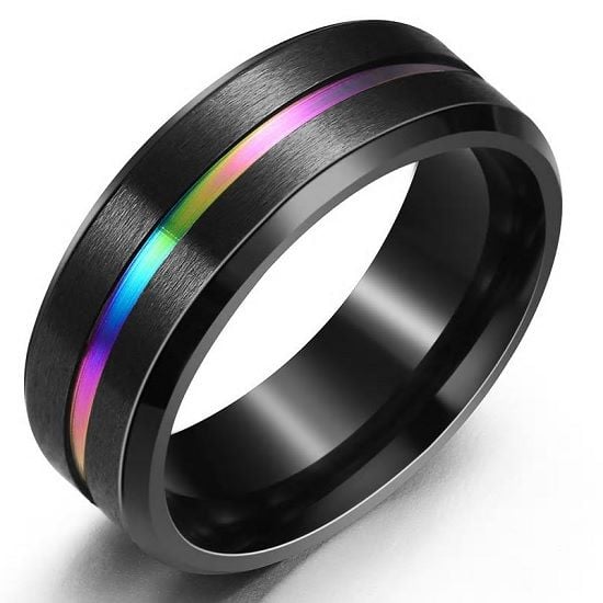 Black Titanium Ring with Rainbow Stripe