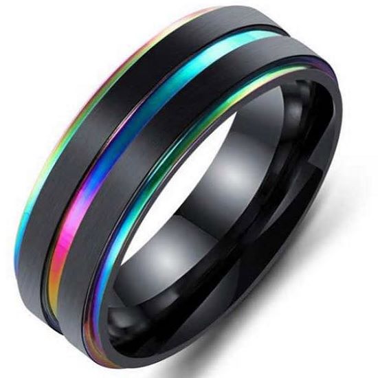 Black Titanium Ring with Rainbow Stripes