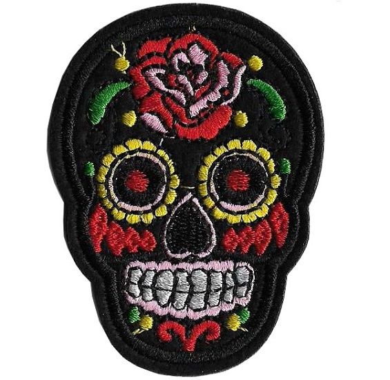 Black Sugar Skull Iron On embroidered Patch