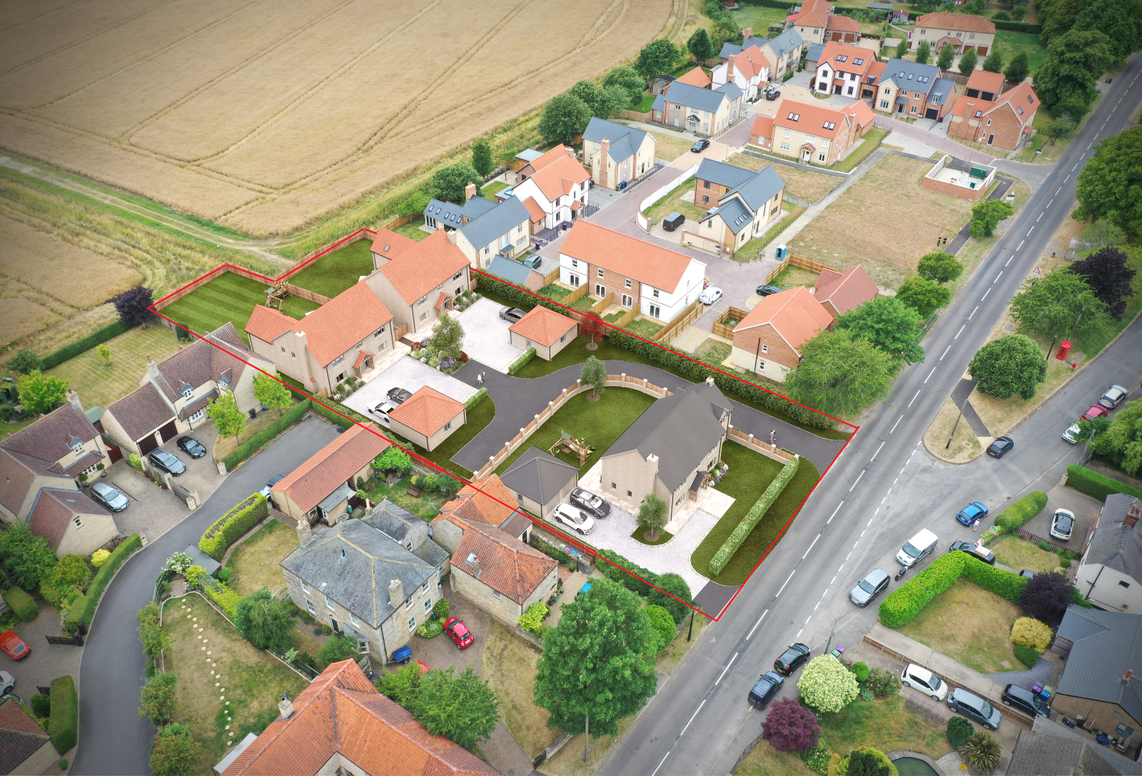 The proposed development site (within the red line) is located in between the newbuild estate of 617 Court and Manor Farm Cottage on the High Street, directly opposite the eastern entrance to the layby.
