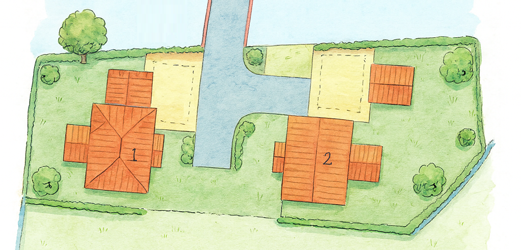 Watercolour-style sketch showing two detached houses, private driveway, turning head and surrounding landscaped garden areas, drawn in a soft illustrative style.