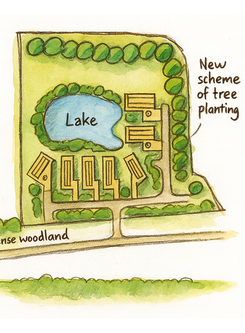 Hand-drawn concept sketch illustrating the lodge layout and site masterplan