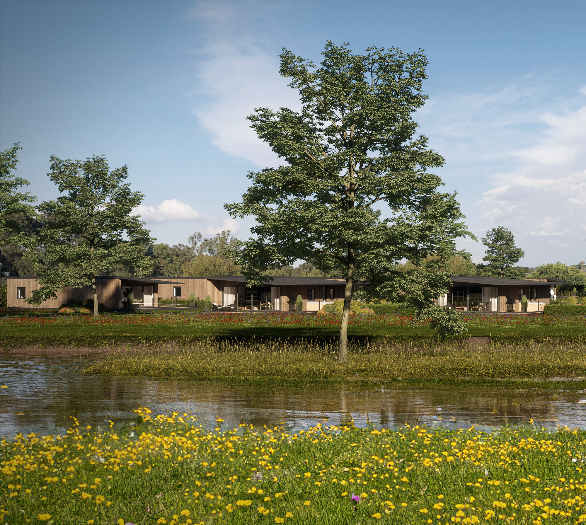 Photorealistic view of completed eco lodge park with lakes, landscaped planting and modern timber holiday lodges