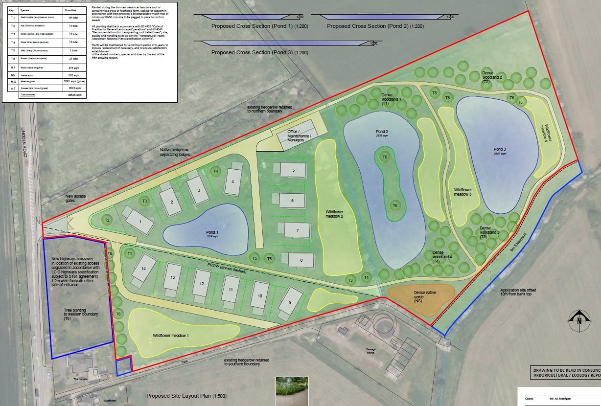 Masterplan illustration of completed eco lodge park layout with lodges, ponds, woodland and pathways.
