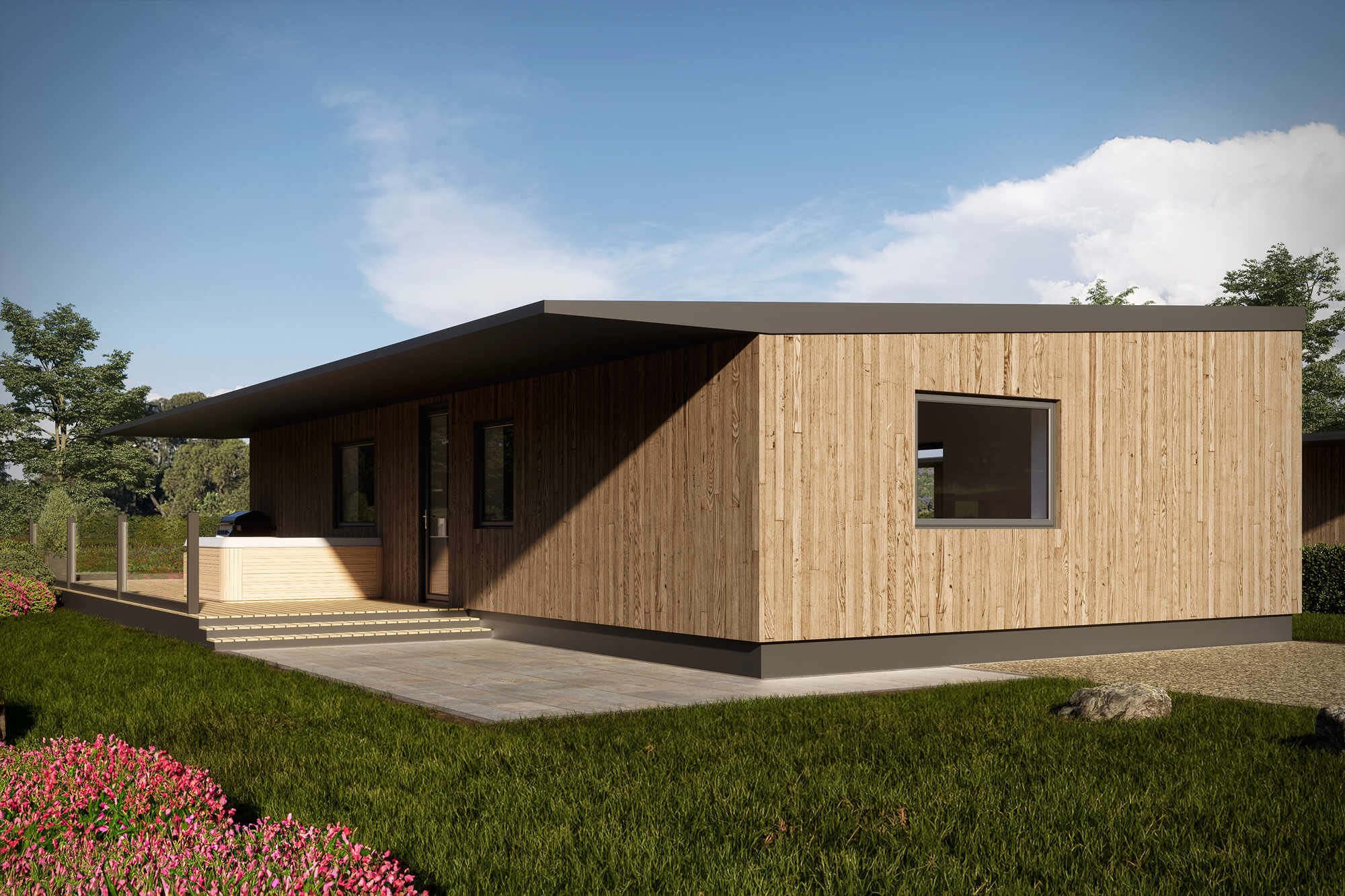 Sustainable holiday park development featuring contemporary eco lodges overlooking wildlife-rich ponds.