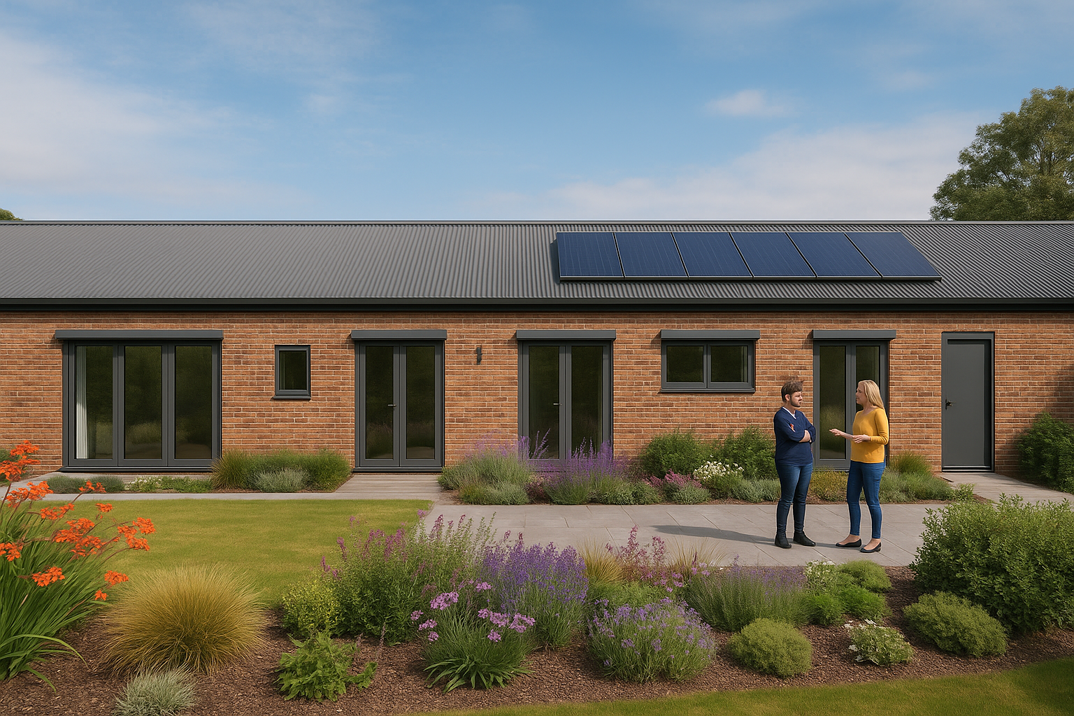 Wide view of the completed Hykeham Hub redevelopment including parking, planting and community access points.