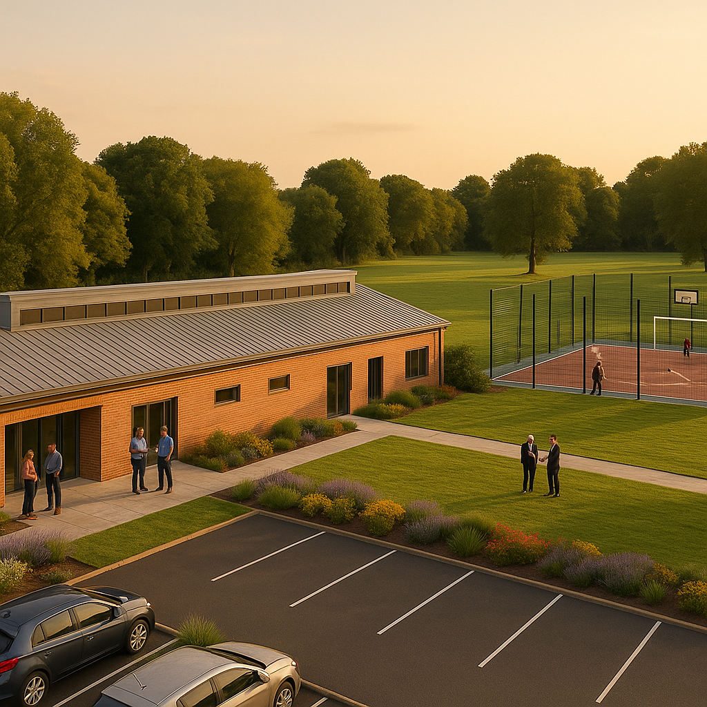 Community hub redevelopment showing full-width elevation, upgraded brickwork, solar panels and inviting public realm landscaping.