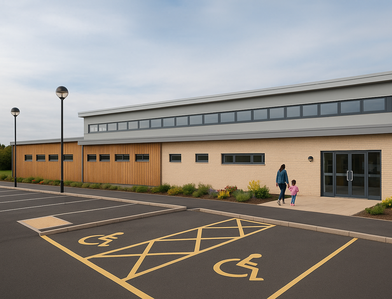 Photorealistic view of the extended Hykeham Hub showing red-brick faÃ§ade, anthracite windows and landscaped frontage.