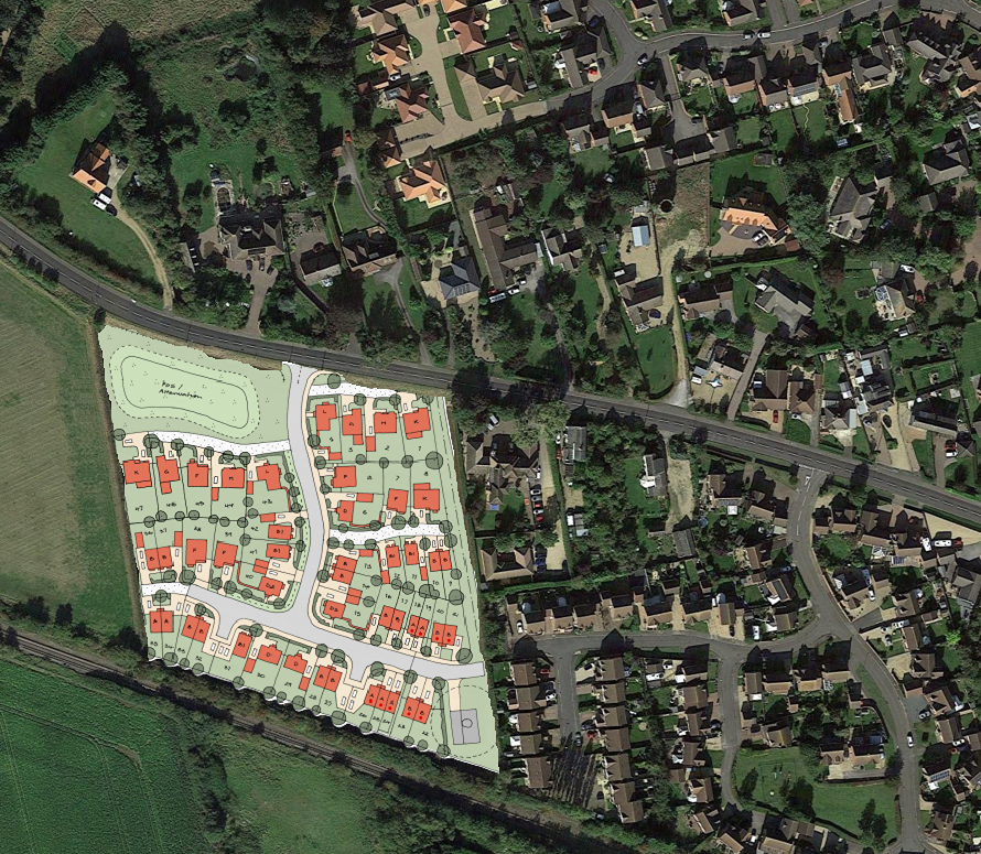 Indicative layout of the proposed 47-dwelling residential development at Heckington, overlaid on an aerial photograph to illustrate how the scheme fits within the surrounding village.