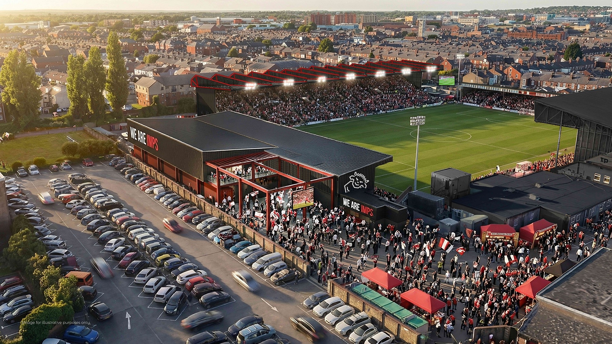 Visualisation of the new event and hospitality space behind the Rilmac Stand at Lincoln City FC