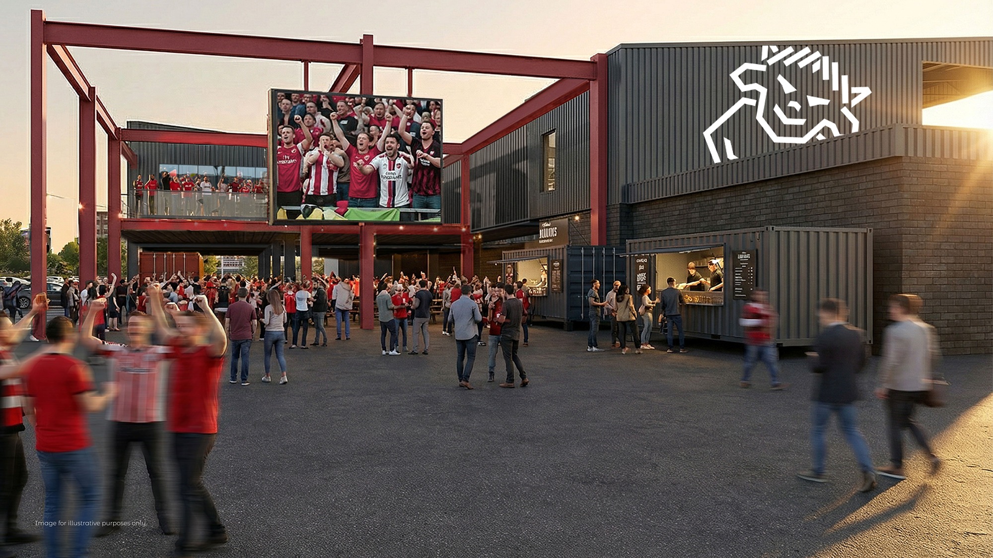 Visualisation of the reconfigured Fan Village with large permanent big screen at the LNER Stadium
