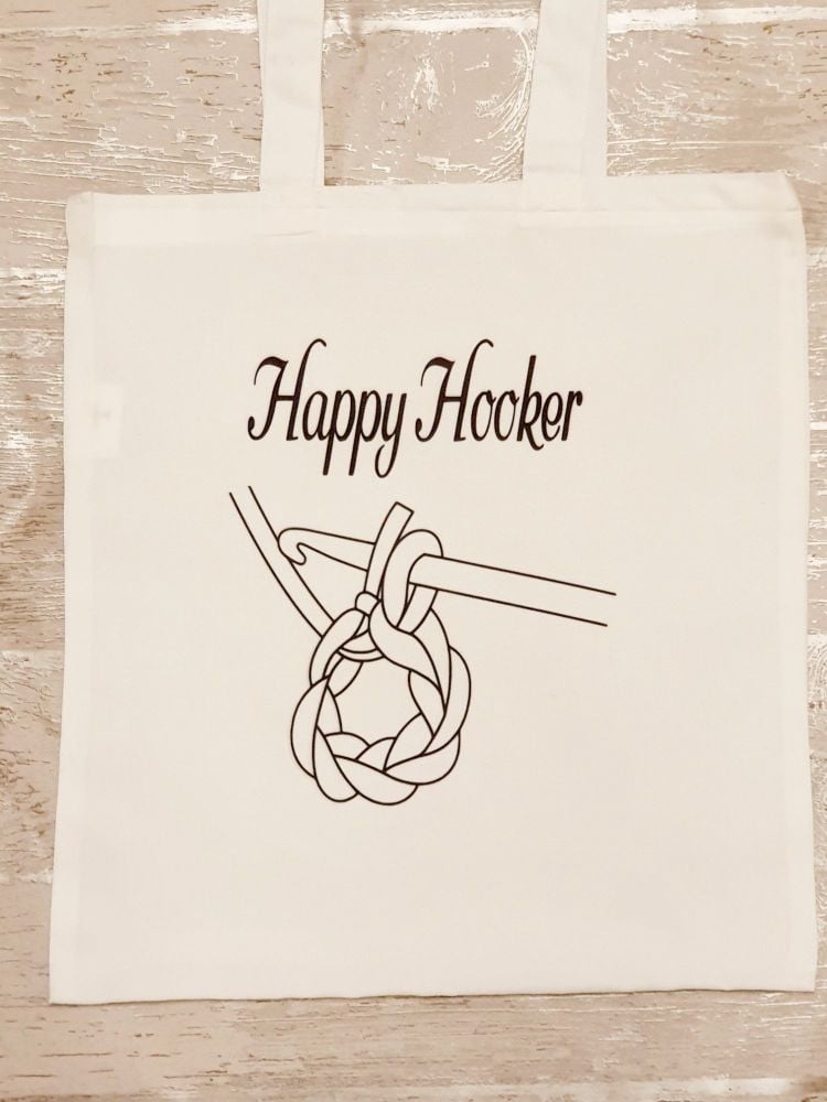 "Happy Hooker" tote bag. Bag for life for anyone who loves to crochet