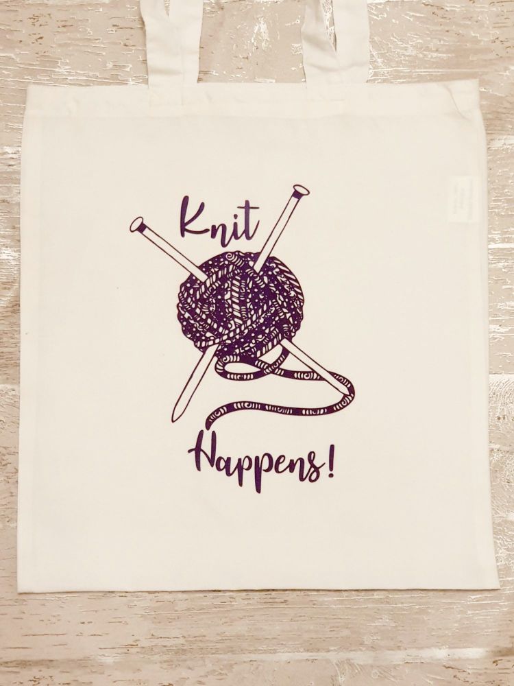 "Knit Happens" tote bag. Bag for life. Crafting bag. 