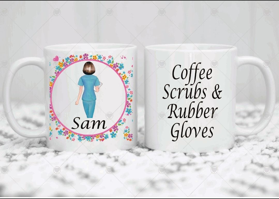 Personalised Nurse mug. COFFEE SCRUBS AND RUBBER GLOVES. Coffee mug. Cup. Watercolour art. Nurse gift. Nurse mug.Nurses are heroes