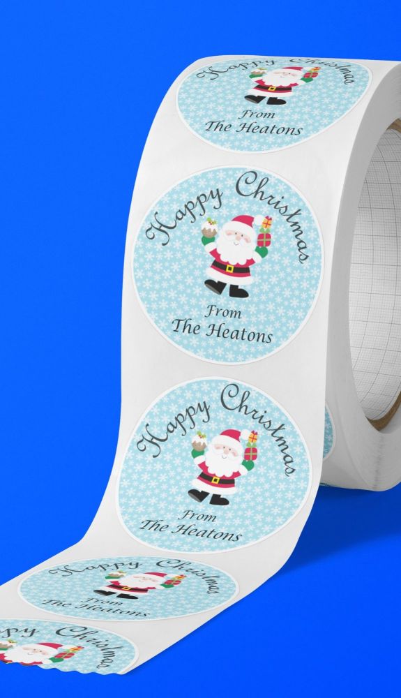 Happy Christmas Santa round stickers. Personalised. 