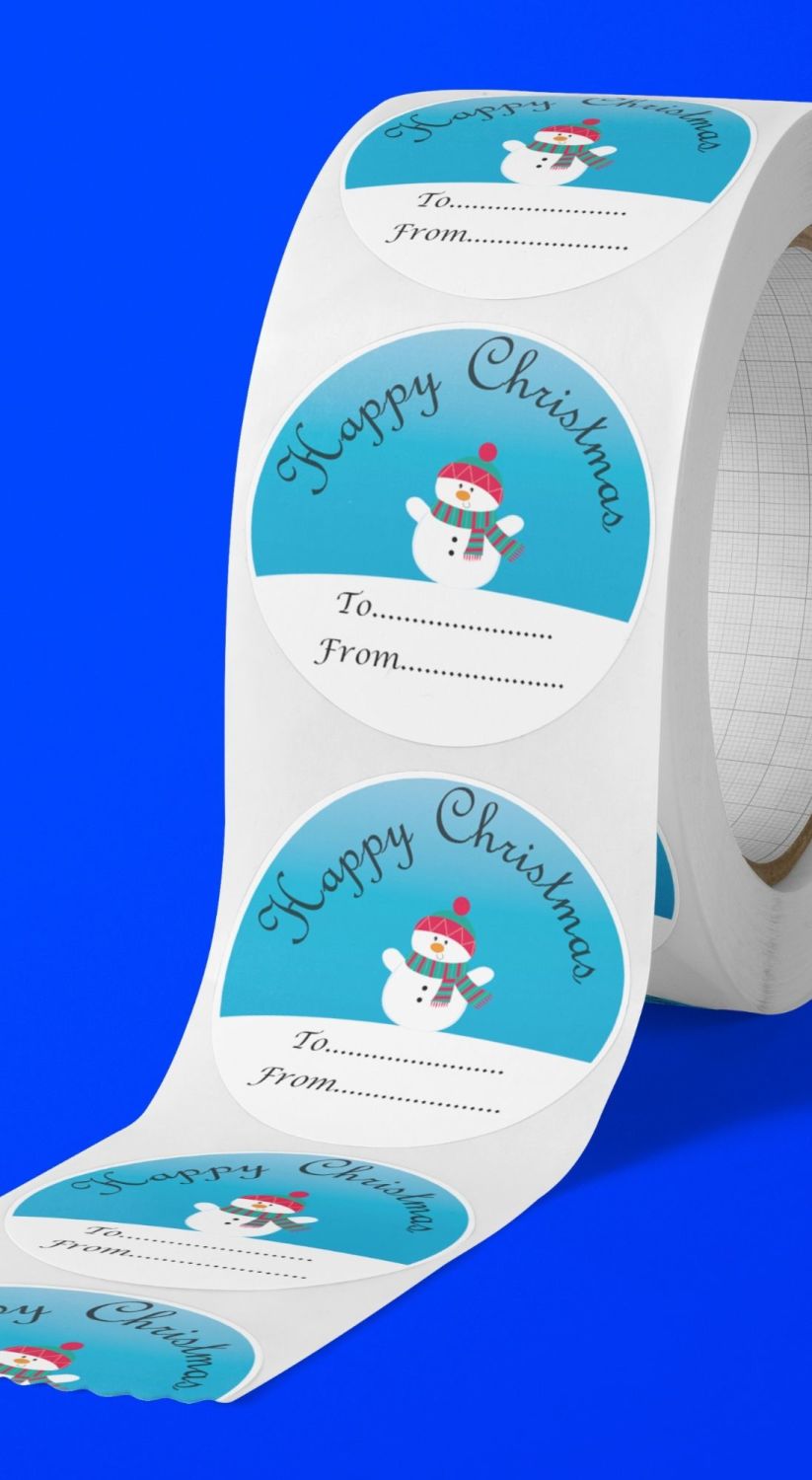 Happy Christmas Snowman round stickers. Personalised. 
