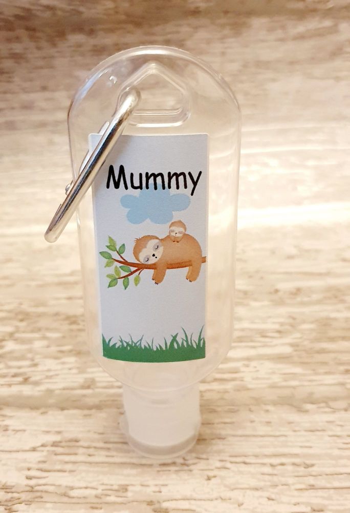Sloth with baby hand sanitiser gel 50ml bottle - personalised 