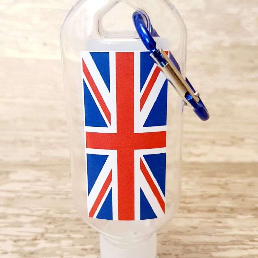 Union Jack flag hand sanitiser gel 50ml bottle - personalised 