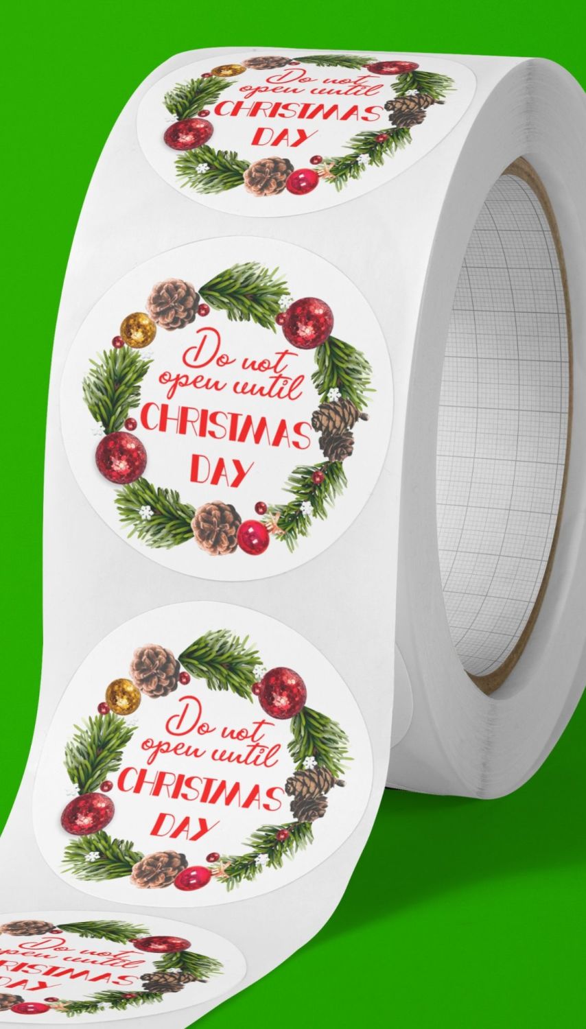Do not open until Christmas round stickers. Wreath frame 