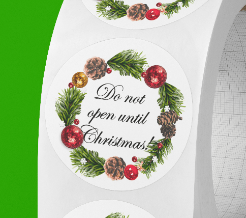 Do not open until Christmas round stickers. Wreath frame. Version 2