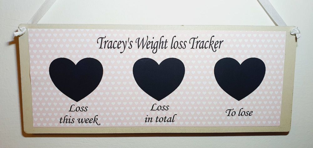 Weight loss plaque - personalised. 3 hearts - "loss this week", "loss in total" and "to lose" blackboard, chalkboard weight tracker 