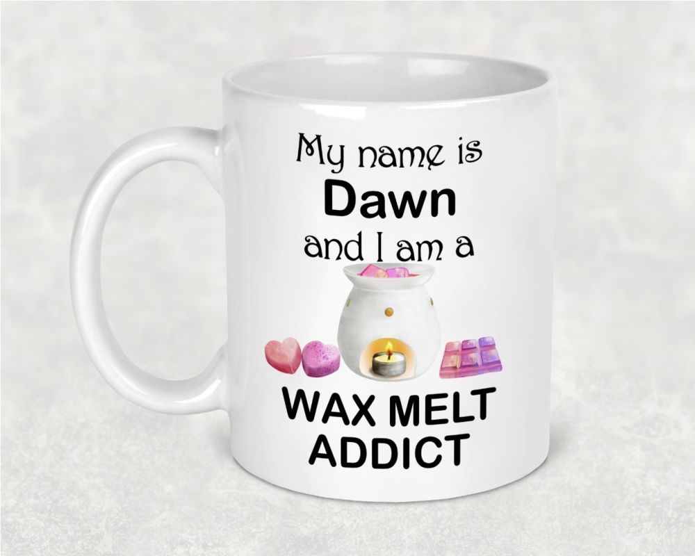 Wax melts addicts mug personalised gift. Available in blue or pink
