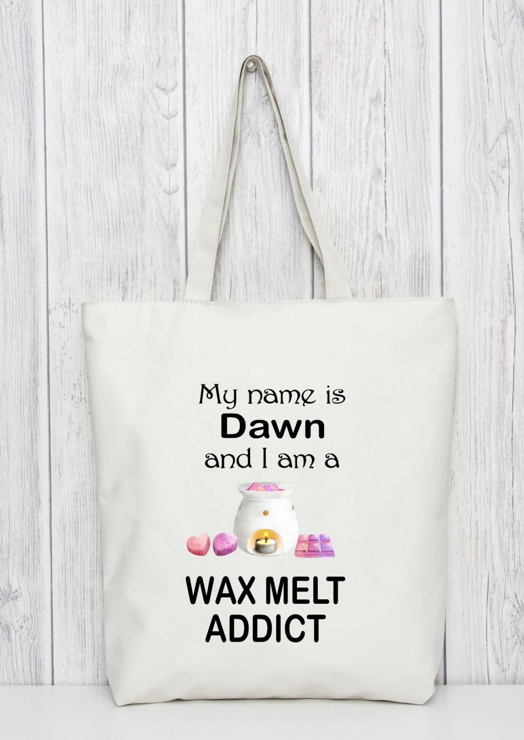 Wax melts addicts personalised tote bag gift. Available in blue or pink tot