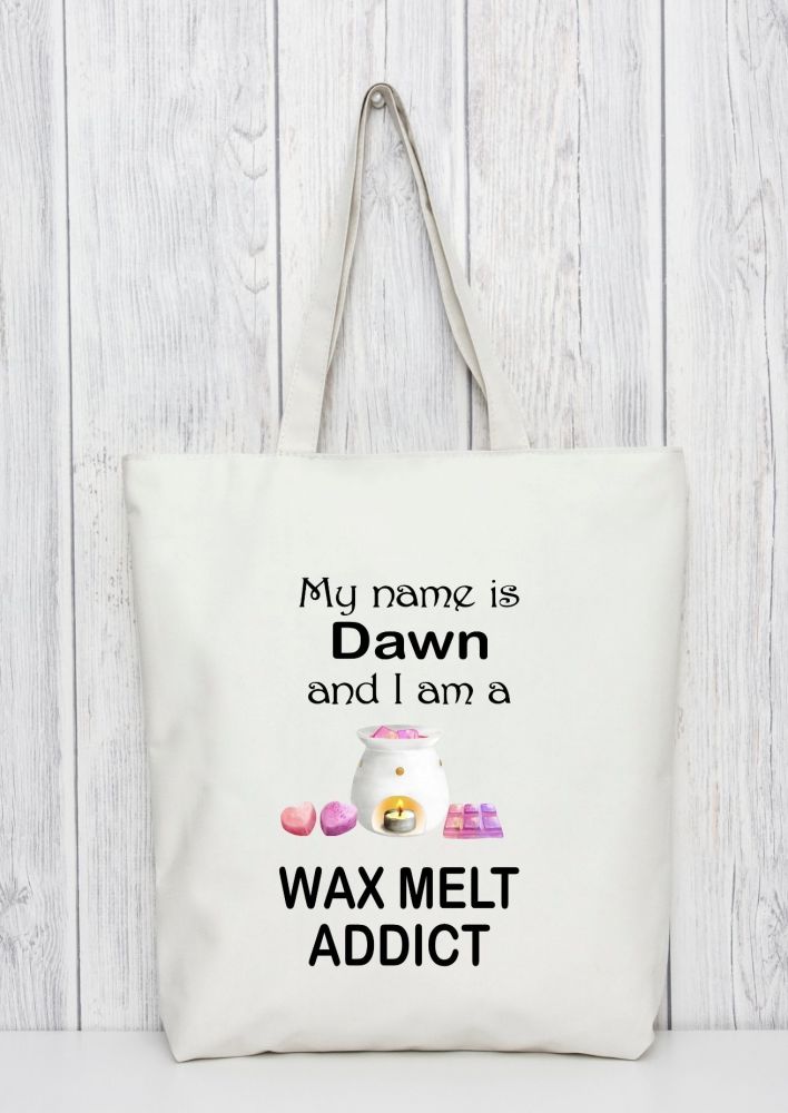 Wax melts addicts personalised tote bag gift. Available in blue or pink tote bag. Bag for life. 