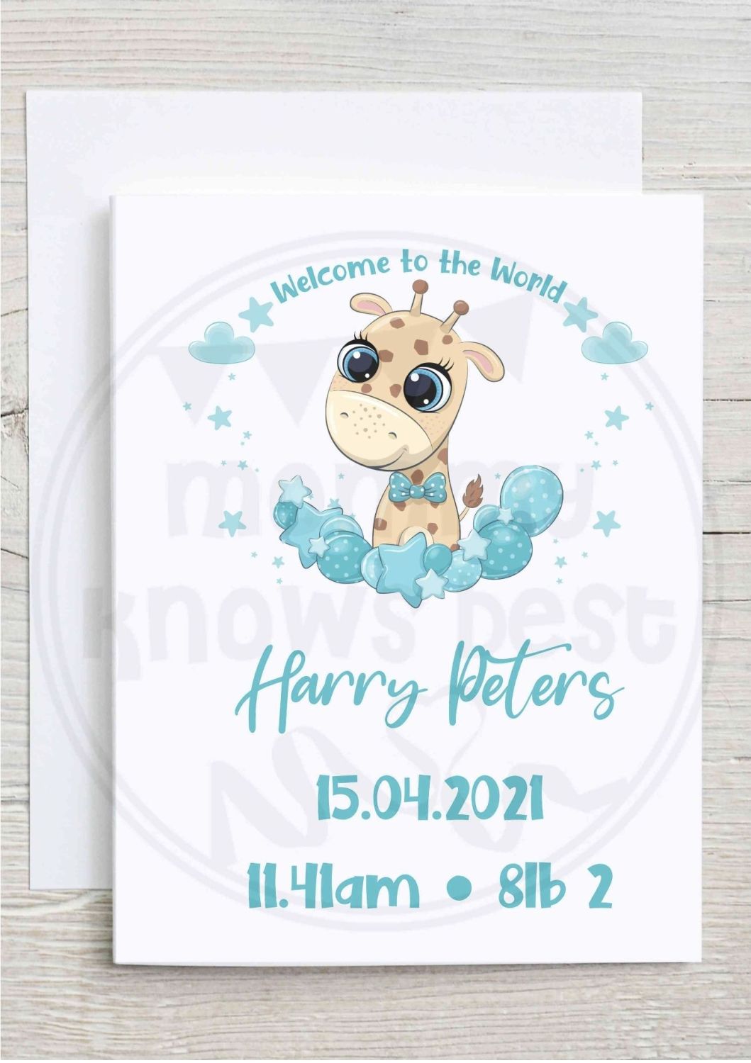 New born baby greetings card - personalised with name, date and weight. Pin