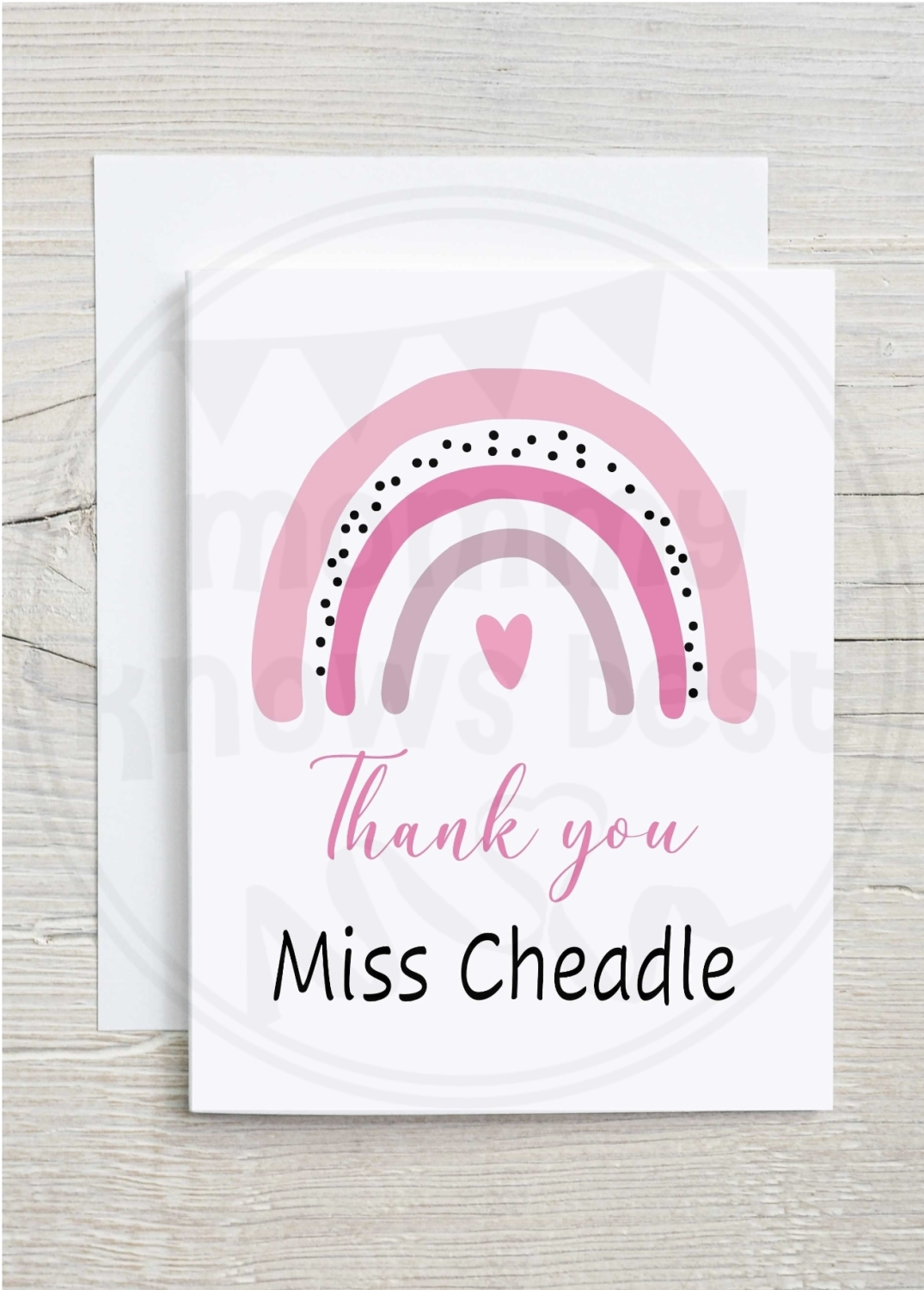 Rainbow Thank you teacher greetings card with personalised teachers name 