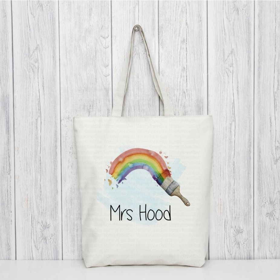 Rainbow paintbrush Thank you teacher tote bag,with personalised teachers na
