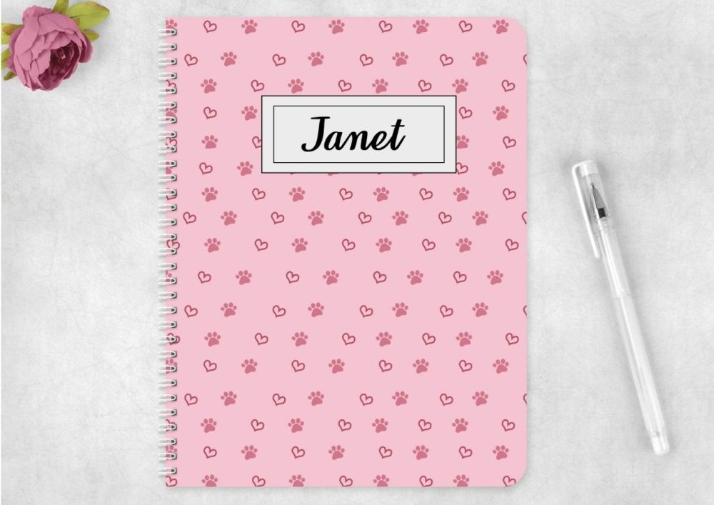 Pink paw and heart notebook - personalised notepad / journal for any pet lo